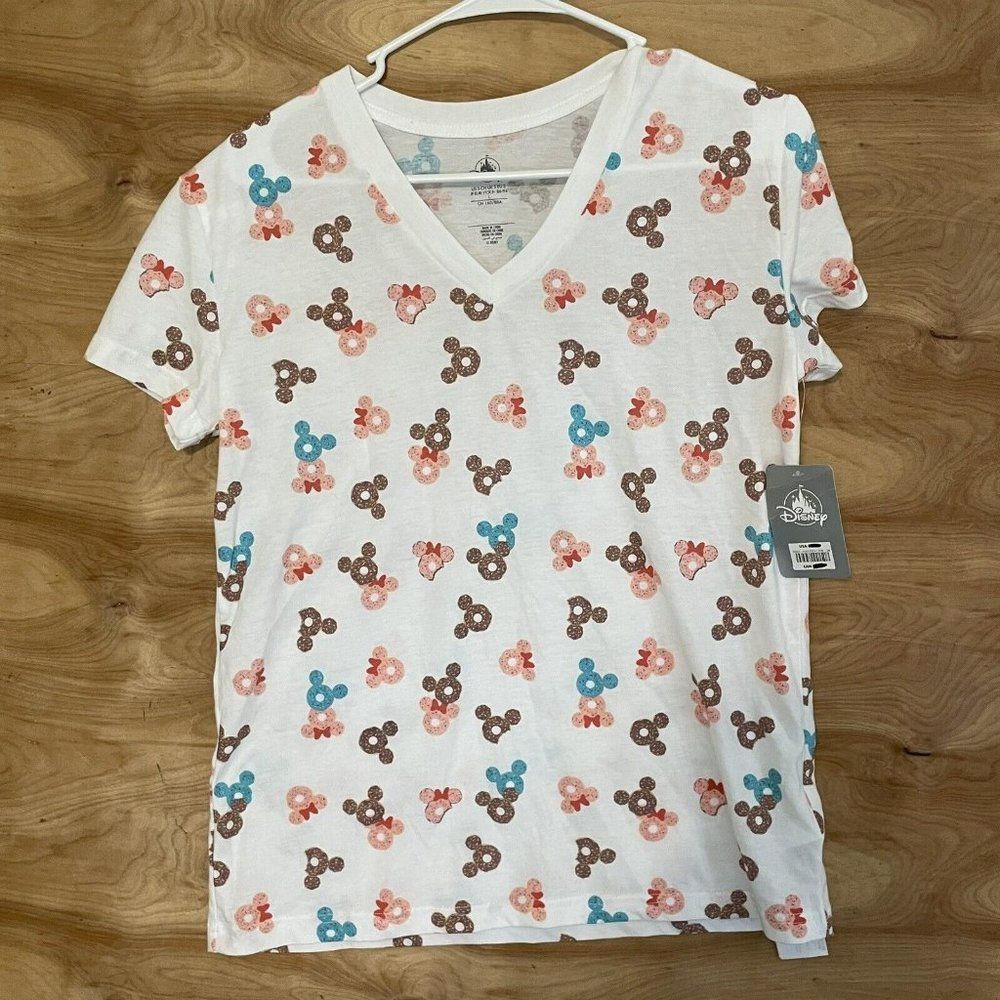 nwt disney parks womans large v neck t shirt mickey minnie doughnuts white